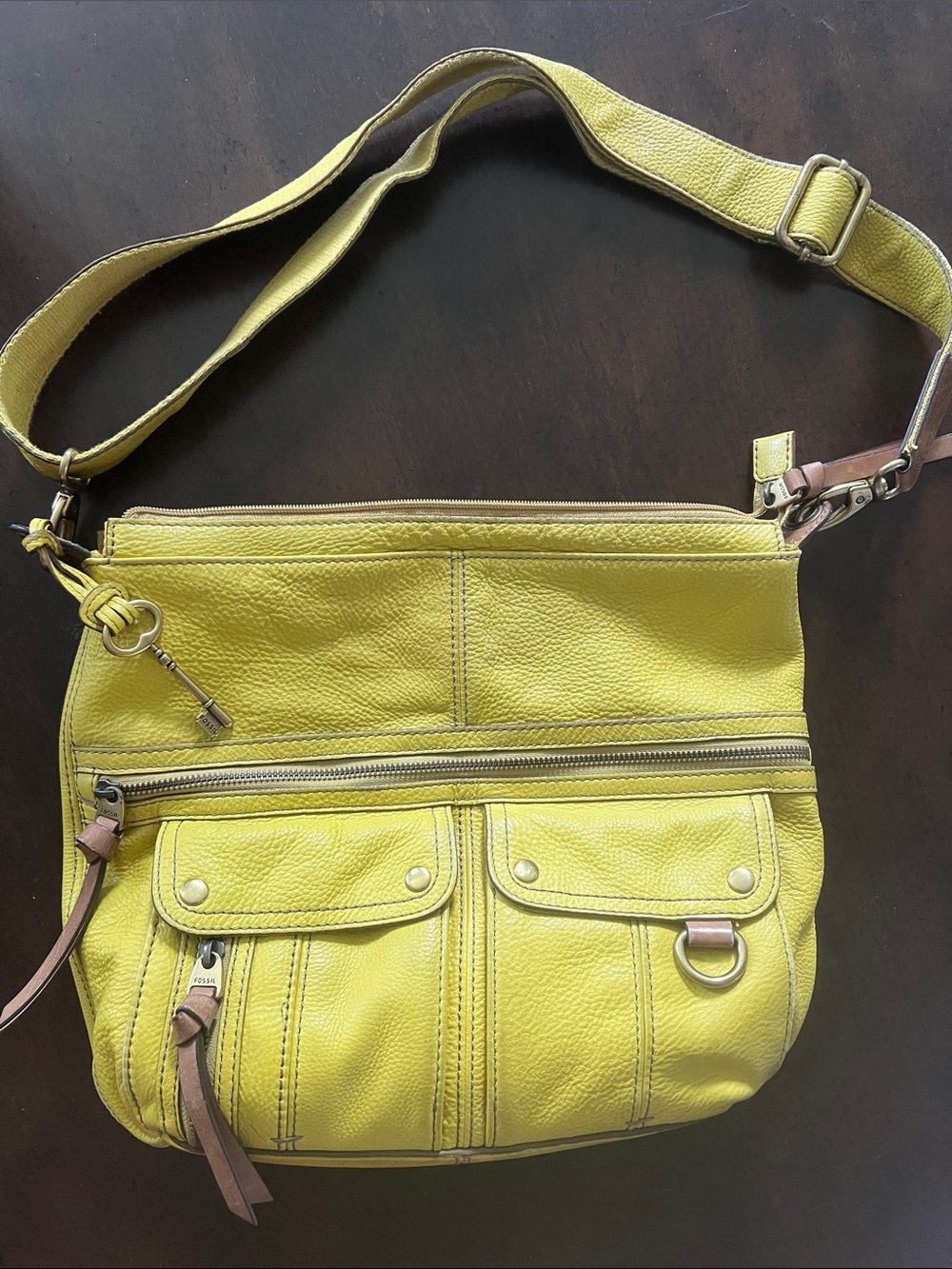 Fossil Lime Chartreuse Pebbled Leather Crossbody messenger- Key Charm